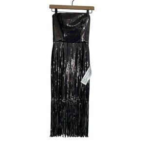 Dress The Population Dress Strapless Sequin Fringe Black Iridescent Size‎ XS NEW